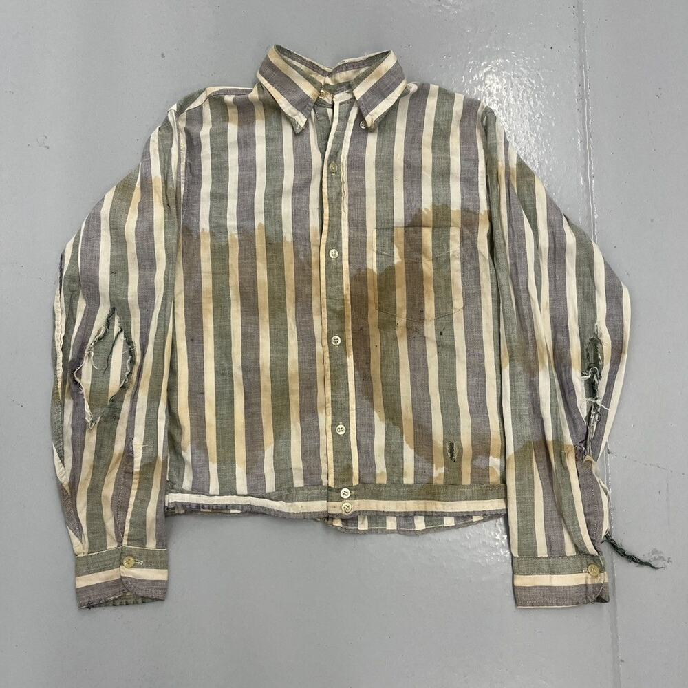 Vintage 60s Sears Green Striped Cotton Distressed Shirt